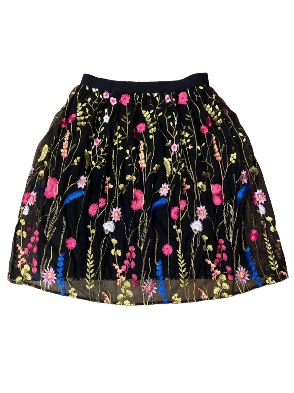 NWOT Susan Graver Embroidered Mesh Skirt Pink Black Multi Floral Flare Feminine